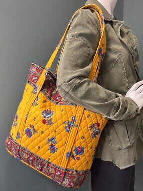 VERA BRADLEY Designs Vintage Floral Quilted Cotton Tote Bag French Yellow 1999